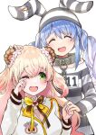  2girls @-you_(you_2023_8_16) animal_ears blonde_hair blue_hair chain closed_eyes collar green_eyes highres hololive metal_collar momosuzu_nene multicolored_hair multiple_girls one_eye_closed prison_clothes rabbit_ears shirt streaked_hair striped striped_headwear striped_shirt thick_eyebrows two_side_up usada_pekora usada_pekora_(prisoner) virtual_youtuber white_hair 