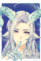  1boy absurdres animal_ears blue_background blue_hands blue_horns border cael_anselm cael_anselm_(myths_wonders) chinese_clothes chinese_commentary claws closed_mouth colored_extremities comb_over commentary_request curled_horns curtained_hair deer_ears dragon_horns earrings eyeliner facial_mark finger_to_mouth forehead_mark hair_ornament hairclip hanfu highres horns jewelry long_hair looking_at_viewer lovebrush_chronicles makeup male_focus outside_border portrait red_eyeliner robe smile solo tassel tassel_earrings violet_eyes water watermark weibo_watermark white_border white_hair white_hanfu white_robe yan_ge 