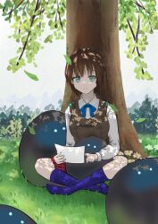  1girl absurdres aoi_erika black_hair blue_bow blue_bowtie blue_eyes bow bowtie brown_hair brown_vest commentary_request grass heaven_burns_red highres holding holding_paper looking_at_viewer narby_(heaven_burns_red) nomoa on_ground paper purple_socks school_uniform shaded_face slime_(creature) socks tree under_tree vest 