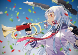  1girl black_gloves blue_background blue_sailor_collar blunt_bangs commentary_request confetti depth_charge dress fingerless_gloves floating_headgear gloves hair_ribbon headgear highres instrument kantai_collection long_hair murakumo_(kancolle) nathaniel_pennel neckerchief orange_eyes red_neckerchief ribbon sailor_collar sailor_dress short_eyebrows solo thick_eyebrows tress_ribbon trumpet white_dress 