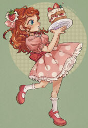 1girl back_ribbon bow cake curly_hair dress food food-themed_hair_ornament freckles frilled_dress frilled_socks frills fruit_hair_ornament green_background green_eyes hair_ornament highres holding holding_food holding_plate jewelry laneichy mary_janes necklace orange_hair pale_skin pearl_necklace pink_bow pink_dress plate polka_dot polka_dot_bow polka_dot_dress puffy_sleeves red_ribbon red_shoes ribbon shoes short_sleeves simple_background socks strawberry_hair_ornament strawberry_shortcake strawberry_shortcake_(1991) strawberry_shortcake_(character) strawberry_shortcake_(copyright) strawberry_shortcake_(sbsc) strawberry_shortcake_(series) white_socks