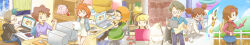  3boys 5girls absurdres amanita_(pokemon) aqua-framed_eyewear aqua_hair at_computer bebe_(pokemon) belt bill_(pokemon) black-framed_eyewear black_belt black_eyes black_hairband black_pantyhose blonde_hair blue_jacket blue_shirt blue_skirt blue_sky book box brigette_(pokemon) brown_eyes brown_hair brown_shoes brown_vest cable cardboard_box cassius_(pokemon) casteliacone celio_(pokemon) chair character_doll character_name character_print child clefairy closed_eyes closed_mouth clouds coffee coffee_mug collared_shirt commentary_request computer computer_mouse computer_tower cowboy_hat cup curtains day desk desk_lamp doll dress drink eevee evolution_stone eyelashes eyewear_on_head fire_stone flute food food_bite glaceon glass glasses goldeen green_dress green_eyes green_hair hairband hat hat_on_back hayley_(pokemon) headphones headset highres holding holding_food holding_paper holding_poke_ball holding_tablet_pc holographic_interface ice ice_cream ice_cream_cone ice_cube indoors instrument jacket jolteon lab_coat lamp lanette_(pokemon) laptop lava_cookie machop mankey mewtwo mole mole_under_eye monitor mousepad_(object) mug multiple_boys multiple_girls my_pokemon_ranch neck_ribbon nidorino office_chair onix open_book open_clothes open_jacket open_mouth outdoors outline oversized_jacket pantyhose paper pidgeotto pikachu pink_shirt plaid_clothes plaid_shirt poke_ball poke_ball_(basic) poke_flute pokemon pokemon_bank pokemon_bw pokemon_dppt pokemon_frlg pokemon_oras pokemon_xy ponytail prism_tower punk_guy_(pokemon) red-tinted_eyewear ribbon samsung_(yuzuikka) semi-rimless_eyewear senbei shelf shirt shoes short_hair short_sleeves short_twintails sitting skirt sky sleeves_past_fingers sleeves_past_wrists smile stuffed_animal stuffed_toy swablu sweater sweater_dress swivel_chair tablet_pc tearing_up teeth thunder_stone tinted_eyewear twintails typing upper_teeth_only very_short_hair vest wartortle water_stone white_dress white_jacket white_outline white_ribbon wide_image window window_(computing) wireless_mouse 
