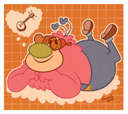  1boy antennae artist_name banjo blue_overalls boots brown_boots commentary english_commentary fat fuzzy_lumpkins grid_background heart heart-shaped_eyewear highres instrument looking_up lying magnolia-belle male_focus on_stomach orange_background overalls pink_fur powerpuff_girls signature smile sunglasses toon_(style) valentine 