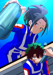  1boy 1girl black_hair blush boku_no_hero_academia eye_contact green_bean_1498 green_hair highres looking_at_another messy_hair midoriya_izuku scar scar_on_face school_uniform water yaoyorozu_momo 
