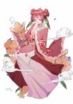  1girl antenna_hair bow cookie_run covering_mouth flower flower_request full_body gem hair_bow highres hiki_furisode japanese_clothes kimono leaf long_eyelashes long_sleeves looking_at_viewer multiple_hair_bows orange_flower pink_kimono pink_robe pomegranate_cookie red_eyes red_gemstone redhead robe short_hair sitting sleeves_past_wrists smoke snake solo tsurime white_background wide_sleeves xiaoniao_you_li_nai 