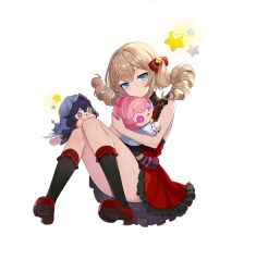  1girl absurdres black_socks blonde_hair blue_eyes character_doll charlotte_(solo_leveling) doll dress full_body highres holding holding_stuffed_toy looking_at_viewer official_alternate_costume official_art red_dress red_shoes ringlets shoes simple_background sleeveless sleeveless_dress socks solo solo_leveling solo_leveling:_arise star_(symbol) stuffed_toy tachi-e transparent_background 