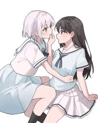  2girls bang_dream! bang_dream!_it's_mygo!!!!! black_hair black_socks blue_eyes blue_sailor_collar blue_shirt blue_skirt commentary heterochromia highres kaname_raana long_hair mole mole_under_eye multiple_girls open_mouth pleated_skirt pokoroo09637184 rejected_kiss sailor_collar school_uniform serafuku shiina_taki shirt short_hair short_sleeves simple_background skirt socks violet_eyes white_background white_hair white_sailor_collar white_shirt white_skirt yellow_eyes yuri 