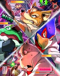  4boys beak bird_boy blue_eyes blue_feathers buck_teeth colored_skin dreaminerryday falco_lombardi fangs feathers fox_boy fox_mccloud frog_boy furry gameplay_mechanics green_skin highres jacket male_focus multiple_boys nintendo open_clothes open_jacket peppy_hare pilot piloting rabbit_boy red_eyes sleeves_rolled_up slippy_toad speech_bubble star_fox sweatdrop teeth 
