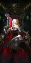  1girl absurdly_long_hair ascot badge black_boots black_cape black_capelet blue_eyes boots breasts cape capelet clenched_hand colored_skin crossed_legs curly_hair dust emeraldas energy_gun expressionless eyelashes gloves hair_between_eyes hair_ornament hairpin hand_on_own_face harlock_saga highres holding holding_sword holding_weapon jolly_roger laser_rifle light_particles long_hair looking_down looking_to_the_side medium_breasts on_throne orange_hair pants pants_rolled_up pirate_costume pirate_ship queen_emeraldas red_cape red_shirt scar scar_on_face ship_captain shirt skull skull_and_crossbones skull_hair_ornament skull_ornament sleeves_rolled_up spacecraft spacecraft_interior split_mouth stitched_face stitches sword throne throne_room uchuu_kaizoku_captain_harlock very_long_hair visqi wavy_hair weapon white_ascot white_gloves white_pants white_skin 