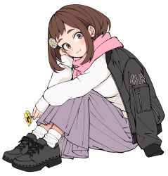  1girl black_jacket black_shoes blush boku_no_hero_academia breasts brown_eyes brown_hair closed_mouth flower full_body hair_flower hair_ornament hand_in_own_hair head_on_hand highres holding holding_flower hugging_own_legs jacket jacket_on_shoulders kobaji light_smile long_skirt looking_at_viewer medium_breasts medium_hair pink_scarf pleated_skirt purple_skirt scarf shoes sidelocks sitting skirt sneakers socks solo sweater uraraka_ochaco white_flower white_socks white_sweater yellow_flower 