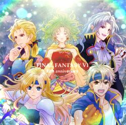  2girls 3boys anniversary armor ascot black_coat blonde_hair blue_armor blue_headband blue_jacket blue_ribbon breasts brown_eyes brown_gloves cape card celes_chere clenched_hand closed_eyes coat commentary_request copyright_name detached_sleeves dress earrings edgar_roni_figaro fighting_stance final_fantasy final_fantasy_vi furrowed_brow gloves gold_trim green_hair green_leotard grey_hair hair_between_eyes hair_over_shoulder hair_ribbon hand_to_own_mouth headband highres hinodecotori holding holding_card holding_sword holding_weapon jacket jewelry leotard locke_cole long_hair low_ponytail medium_breasts multi-tied_hair multiple_boys multiple_girls open_mouth parted_bangs parted_lips playing_card ponytail purple_ascot red_dress red_sleeves ribbon sash scar scar_across_eye scar_on_chin scar_on_face scar_on_forehead setzer_gabbiani shirt short_dress short_hair shoulder_armor smile strapless strapless_dress sweatdrop sword terra_branford tube_dress upper_body waist_sash weapon white_cape white_shirt yellow_cape 