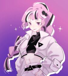 1girl alternate_costume braid braided_ponytail cookie_run cookie_run:_ovenbreak crop_top female hand_on_hip jacket long_hair multicolored_hair official_alternate_costume open_jacket pants pink_hair qinghualiyu shining_glitter_cookie shining_glitter_cookie_(superstar_airport_attire) smile third-party_source white_pants