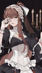  1girl alternate_costume black_dress black_nails black_veil breasts brown_hair candle candlestand cleavage_cutout clothing_cutout cross doki_doki_literature_club dress eyepatch fingerless_gloves gloves green_eyes highres lace lace_gloves long_hair monika_(doki_doki_literature_club) ponytail rachel_campbell solo veil very_long_hair white_gloves 