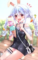  1girl alternate_costume animal_ear_fluff animal_ears black_choker black_dress blue_hair braid carrot_hair_ornament choker commentary_request dress food food-themed_hair_ornament hair_ornament highres holding holding_food holding_ice_cream hololive honnoshioriii ice_cream looking_at_viewer multicolored_hair orange_eyes rabbit-shaped_pupils rabbit_ears rabbit_girl smile solo symbol-shaped_pupils thigh_strap twin_braids two-tone_hair usada_pekora virtual_youtuber white_hair 