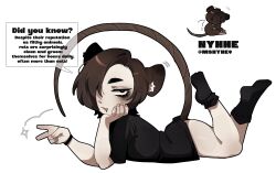  animal_ears armband asymmetrical_hair black_eyeshadow black_shirt black_socks character_name chibi chibi_inset ear_wiggle english_text eyeshadow face_piercing highres lip_piercing loose_socks makeup mouse_(animal) ny_000a original pale_skin piercing shirt short_hair socks star_(symbol) t-shirt twitter_username v 