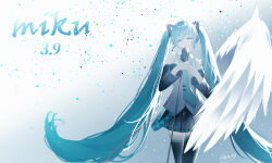  absurdres commentary_request detached_sleeves feathers gradient_background hatsune_miku hazy_(artist) highres holding holding_microphone long_hair microphone microphone_stand miku_day music simple_background singing sleeveless standing very_long_hair vocaloid zettai_ryouiki 