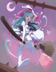  absurdres bag broom broom_riding commentary_request grey_eyes hair_bun hat highres korean_commentary light_blush long_hair magical_girl mawe127 moon multicolored_hair open_mouth picora_(trickcal) smile thigh-highs trickcal witch_hat 