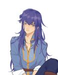  1boy belt blue_eyes blue_hair fire_emblem fire_emblem:_genealogy_of_the_holy_war hair_between_eyes hair_down highres julianlynnnn long_hair looking_at_viewer male_focus seliph_(fire_emblem) simple_background solo white_background 