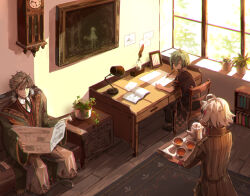  3boys absurdres ahoge az_9649 beard bookshelf brown_hair carpet chair closed_mouth desk_lamp facial_hair from_behind green_hair grimms_notes highres holding holding_newspaper indoors lamp lewis_carroll_(grimms_notes) lewis_carroll_(original)_(grimms_notes) ludwig_grimm_(grimms_notes) ludwig_grimm_(original)_(grimms_notes) male_focus multiple_boys newspaper painting_(object) plant potted_plant short_hair sitting smile spiky_hair standing sunlight table white_hair william_shakespeare_(grimms_notes) william_shakespeare_(original)_(grimms_notes) window yellow_eyes 