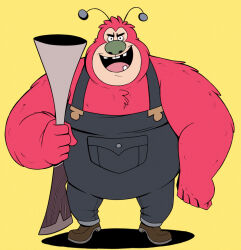  1boy antennae antique_firearm black_eyes blue_overalls blunderbuss boots brown_boots commentary english_commentary fat full_body fuzzy_lumpkins gun holding holding_gun holding_weapon male_focus missing_tooth muscular muscular_male open_mouth overalls pink_fur powerpuff_girls smile takeuchi15 toon_(style) v-shaped_eyebrows weapon yellow_background 