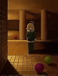  1girl ahoge backrooms_(creepypasta) ball blonde_hair ceiling closed_mouth column dream_pool full_body fur-trimmed_jacket fur_trim green_jacket green_pants hand_in_pocket highres indoors jacket karmanimaxwx long_sleeves looking_at_viewer medium_hair pants pillar pool ripples shoujo_shuumatsu_ryokou solo standing tile_ceiling tile_floor tile_wall tiles wading white_fur yuuri_(shoujo_shuumatsu_ryokou) 