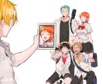 1girl 4boys ^_^ bag black_eyes blonde_hair closed_eyes earrings green_hair hands_in_pockets hat ipad jewelry joman monkey_d._luffy multiple_boys nami_(one_piece) neck_ribbon one_piece open_clothes open_shirt orange_hair ribbon roronoa_zoro sanji_(one_piece) scar scar_on_face school_bag shirt shorts simple_background skirt slippers smile squatting straw_hat t-shirt tablet_pc taking_picture usopp white_background white_shirt 