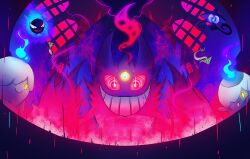  absurdres blue_fire bones_dio candle colored_sclera dreepy fire gastly gengar ghost glowing glowing_eyes grin highres lampent litwick looking_at_viewer mega_evolution_symbol mega_gengar mega_pokemon no_humans open_mouth pokemon pokemon_(creature) pokemon_focus purple_fire red_eyes smile teeth third_eye 