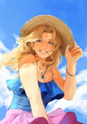  1girl absurdres blonde_hair blue_camisole blue_eyes bracelet camisole clouds commentary english_commentary frilled_camisole frills haley_(stardew_valley) hand_on_headwear hat highres jewelry long_hair necklace outdoors pink_skirt signature skirt sky smile solo stardew_valley sun_hat tapeanna 