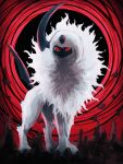  7_phi_3 absol animal_focus commentary_request forehead_jewel highres horns looking_at_viewer no_humans pokemon pokemon_(creature) red_background red_eyes ringed_eyes single_horn white_fur 