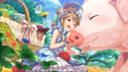  1girl animal blue_bonnet blue_dress blurry blurry_foreground blush bonnet bottle brown_eyes brown_hair bug butterfly card_commentary commentary_request day dress flower food game_cg hair_bun idolmaster idolmaster_million_live! idolmaster_million_live!_theater_days mini_person minigirl official_art on_ground one_eye_closed open_mouth outdoors picnic_basket pig pink_flower pink_rose plant rose sandwich single_hair_bun sitting sleeveless sleeveless_dress smile solo tenkubashi_tomoka third-party_source white_flower white_rose yellow_flower yellow_rose 
