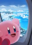 1other above_clouds airplane_interior blue_sky blush_stickers clouds colored_skin highres kirby kirby_(series) looking_at_viewer mitama_pk1027 no_humans ocean open_mouth pink_skin sky solid_oval_eyes window