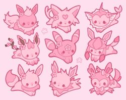  blush_stickers cherry_blossoms eevee english_commentary espeon flareon flower full_body glaceon heart highres jolteon leafeon lying no_humans pink_background pink_theme pokemon pokemon_(creature) pokemon_focus selcian_bun sylveon umbreon vaporeon 