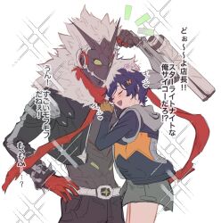  1boy 1girl arm_mounted_weapon arm_up belle_(zenless_zone_zero) belt billy_kid billy_kid_(starlight) black_jacket black_pants blue_hair blush bracelet chain chain_around_arm clenched_hand closed_eyes clothed_robot commentary_request cropped_jacket fingerless_gloves fur-trimmed_jacket fur_trim gloves hair_ornament hand_on_own_hip hood hooded_jacket horns humanoid_robot jacket jewelry letter_hair_ornament open_mouth pants rakku6rakku red_scarf robot robot_boy scarf short_hair single_fingerless_glove sleeveless sleeveless_jacket sparkle spiked_bracelet spikes spiky_hair torn_clothes torn_scarf translation_request white_background white_hair yellow_eyes yellow_gloves zenless_zone_zero 