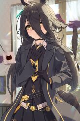  1girl absurdres adjusting_clothes adjusting_necktie ahoge animal_ears azuki_(azuki_azukki) black_choker black_coat black_gloves black_hair black_shirt black_skirt blush brushing_another's_hair brushing_hair choker closed_mouth coat coffee_mug collared_shirt cup disembodied_hand ear_tag earrings gloves hair_between_eyes hair_brush hands_in_another's_hair highres holding holding_cup holding_hair_brush horse_ears horse_girl horse_tail jewelry long_bangs long_hair long_hair_between_eyes long_sleeves manhattan_cafe_(creeping_shadow)_(umamusume) manhattan_cafe_(umamusume) mug multicolored_hair necktie shirt single_earring skirt tail umamusume white_hair yellow_eyes yellow_necktie 