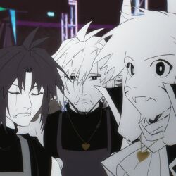  3boys :i absurdres adoptive_siblings alternate_universe antenna_hair ascot asriel_dreemurr black_eyes black_hood black_sweater bright_pupils brothers brown_background buttons chara_(undertale) chinese_commentary chromatic_aberration closed_eyes closed_mouth colored_skin commentary_request double-parted_bangs facial_hair facial_mark facing_viewer fangs film_grain frisk_(undertale) frown furry furry_male goat_boy gold_necklace hair_between_eyes hanbaobaobaozhu heart heart_necklace highres hood hood_down hooded_jacket horns jacket jewelry looking_at_viewer male_focus meme multiple_boys necklace open_clothes open_jacket portrait purple_hair scar scar_across_eye scar_on_face short_hair siblings sidelocks skin_fangs straight-on sweater turtleneck turtleneck_sweater u_u undertale utdr_(toby_fox) v-shaped_eyebrows white_ascot white_fur white_hair white_horns white_jacket white_pupils white_skin wide-eyed xtale 