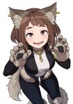  1girl absurdres animal_costume animal_ears animal_feet animal_hands black_bodysuit bodysuit boku_no_hero_academia brown_eyes brown_hair chain claw_pose claws collar gloves hands_up highres kobaji medium_hair open_mouth paw_gloves paw_shoes simple_background solo tail teeth uraraka_ochako white_background wolf_costume wolf_ears wolf_girl wolf_tail 