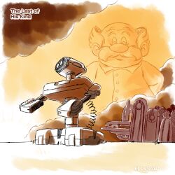  1boy ^_^ afterimage artist_name bald beard buttons chibi closed_eyes clouds commentary english_text facial_hair family_computer_robot from_below full_body game_console grass happy klunsgod mecha mirage mustache nes nintendo no_humans old old_man robot scientist simple_background sky smile smoke solo spinning standing white_background 