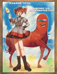  1girl :d absurdres ahoge among_us april_fools asuizhi black_boots blue_sky bodysuit boots border bow buttons character_name clouds cloudy_sky crossover double-breasted drill_hair frilled_skirt frills full_body grey_jacket grey_skirt hair_between_eyes hair_bow hand_on_own_hip highres horse horse_tail impostor_(among_us) jacket kasane_teto kasane_teto_(sv) lace-up_boots layered_skirt long_sleeves looking_at_viewer miniskirt open_mouth ornate_border outdoors pearto red_(among_us) red_bodysuit red_hair red_socks red_trim sharp_teeth short_hair shoulder_belt shoulder_boards skirt sky smile socks standing synthesizer_v tail teeth twin_drills utau white_bow wrist_cuffs 