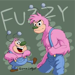  1boy antennae artist_name black_eyes blue_overalls boots brown_boots character_name coffgirl commentary dated english_commentary fuzzy_lumpkins green_background male_focus multiple_forms muscular muscular_male open_mouth overalls pink_fur powerpuff_girls smile smirk toon_(style) 