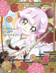  1girl border commentary_request flower green_eyes japanese_clothes kimono looking_at_viewer monster_girl morishima_noriko ornate_border pink_hair puniru_(puniru_wa_kawaii_slime) puniru_wa_kawaii_slime slime_girl smile solo upper_body 