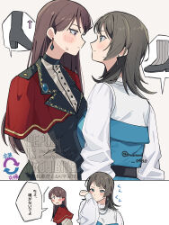  2girls bang_dream! bang_dream!_it's_mygo!!!!! black_hair black_shoes black_vest blue_eyes blush brown_hair capelet closed_mouth commentary_request cosplay costume_switch earrings eye_contact height_difference high_heels highres jewelry long_hair long_sleeves looking_at_another medium_hair multiple_girls nanami_(nunnun_0410) open_mouth red_capelet shiina_taki shiina_taki_(cosplay) shirt shoes sweatdrop timoris_(bang_dream!) translation_request twitter_username vest violet_eyes white_shirt yahata_umiri yahata_umiri_(cosplay) yuri 