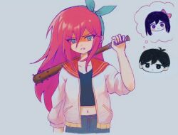  1boy 1girl antenna_hair aubrey_(faraway)_(omori) aubrey_(headspace)_(omori) aubrey_(omori) baseball_bat blue_eyes blue_hairband blue_skirt bright_pupils closed_mouth commentary crop_top denim denim_skirt double-parted_bangs dual_persona hair_between_eyes hairband holding holding_baseball_bat jacket long_hair nail_(hardware) nail_bat navel omori pink_hair purple_hair short-sleeved_jacket short_hair short_sleeves simple_background skirt speech_bubble sunny_(omori) syakenimamire teeth thought_bubble violet_eyes white_background white_jacket white_pupils 