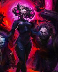  1girl adeptus_astartes armor artificial_eye assassin aura backpack bag belt black_bodysuit blood blood_on_face bodysuit breastplate breasts chaos_space_marine culexus_assassin facial_mark hand_on_another's_face helmet highres kneeling large_breasts mask mechanical_eyes metal_gloves officio_assassinorum open_mouth power_armor purple_background red_background shoulder_armor single_mechanical_eye skin_tight skull skull_mask spiked_helmet utility_belt violet_eyes vodkasonart warhammer_40k wide_hips world_eaters 