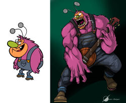  1boy antennae artist_name banjo black_background black_eyes blue_overalls boots brown_boots claws commentary english_commentary fat full_body fuzzy_lumpkins gradient_background green_background highres instrument male_focus multiple_style_parody multiple_views muscular muscular_male open_mouth osmar-shotgun overalls parody pink_fur powerpuff_girls sharp_teeth style_parody teeth toon_(style) tooth white_background 