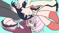  2girls black_hair black_skirt blue_background blue_eyes bow bowtie boxcutter commentary grey_pantyhose gridman_universe himagosan holding holding_boxcutter jacket long_hair long_sleeves looking_at_viewer medium_hair multiple_girls orange_scrunchie panty_&amp;_stocking_with_garterbelt_(style) pantyhose pleated_skirt purple_hair purple_jacket red_bow red_bowtie red_eyes red_socks school_uniform scrunchie shinjou_akane shirt skirt socks ssss.gridman takarada_rikka white_shirt wrist_scrunchie 