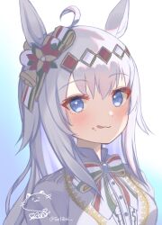  1girl ahoge animal_ears blue_eyes blush bow bowtie center_frills closed_mouth commentary_request food food_on_face frills grey_hair hair_ornament horse_ears horse_girl jacket long_hair looking_at_viewer multicolored_bow multicolored_bowtie multicolored_ribbon official_alternate_costume oguri_cap_(ashen_miracle)_(umamusume) oguri_cap_(umamusume) ribbon setani_neco shirt smile solo tongue tongue_out umamusume upper_body white_jacket 