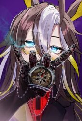  1girl absurdres animal_ears blonde_hair blue_eyes brown_hair commentary compass covered_mouth dream_journey_(reminder_of_dreamland)_(umamusume) dream_journey_(umamusume) eye_trail glasses gloves hair_between_eyes higeji_(higeji404) highres holding holding_compass horse_ears horse_girl lace lace_gloves light_trail long_hair looking_at_viewer multicolored_hair solo streaked_hair umamusume white_hair 