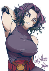  1girl arm_cannon arm_up bare_shoulders belt boku_no_hero_academia breasts character_name clenched_teeth commentary dress gun highres lady_nagant large_breasts looking_at_viewer multicolored_hair open_mouth pink_hair prosthetic_weapon purple_belt purple_dress purple_hair red_belt short_hair signature simple_background sleeveless solo streaked_hair teeth two-tone_hair user_ycjp4222 violet_eyes weapon white_background 