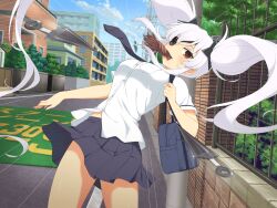  1girl bag blue_necktie blue_skirt blue_sky blue_trim blush breast_pocket breasts brick_wall building bush city day dodging eating eyepatch fence food food_in_mouth game_cg hair_ornament hanzou_academy_school_uniform house ikayaki iron_fence kunai large_breasts long_hair looking_at_viewer miniskirt motion_blur motion_lines mouth_hold necktie official_art outdoors plant pleated_skirt pocket red_eyes road school_bag school_uniform senran_kagura senran_kagura_new_link senran_kagura_shoujo-tachi_no_shin'ei shiny_skin shirt short_sleeves shuriken shuriken_hair_ornament skirt sky solo speed_lines standing street sweat tree twintails very_long_hair weapon white_hair white_shirt window yagyu_(senran_kagura) 