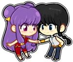  1boy 1girl black_footwear black_hair blue_pants bow braid braided_ponytail chibi couple gurinnapples hair_bow hetero holding_hands pants purple_hair ranma_1/2 red_footwear saotome_ranma shampoo_(ranma_1/2) smile yellow_bow 